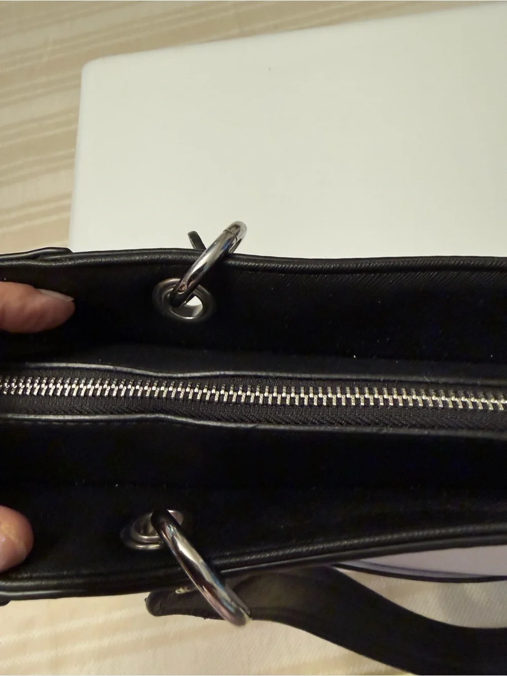 GUESS White Tote with Black Trim and Silver Hardware